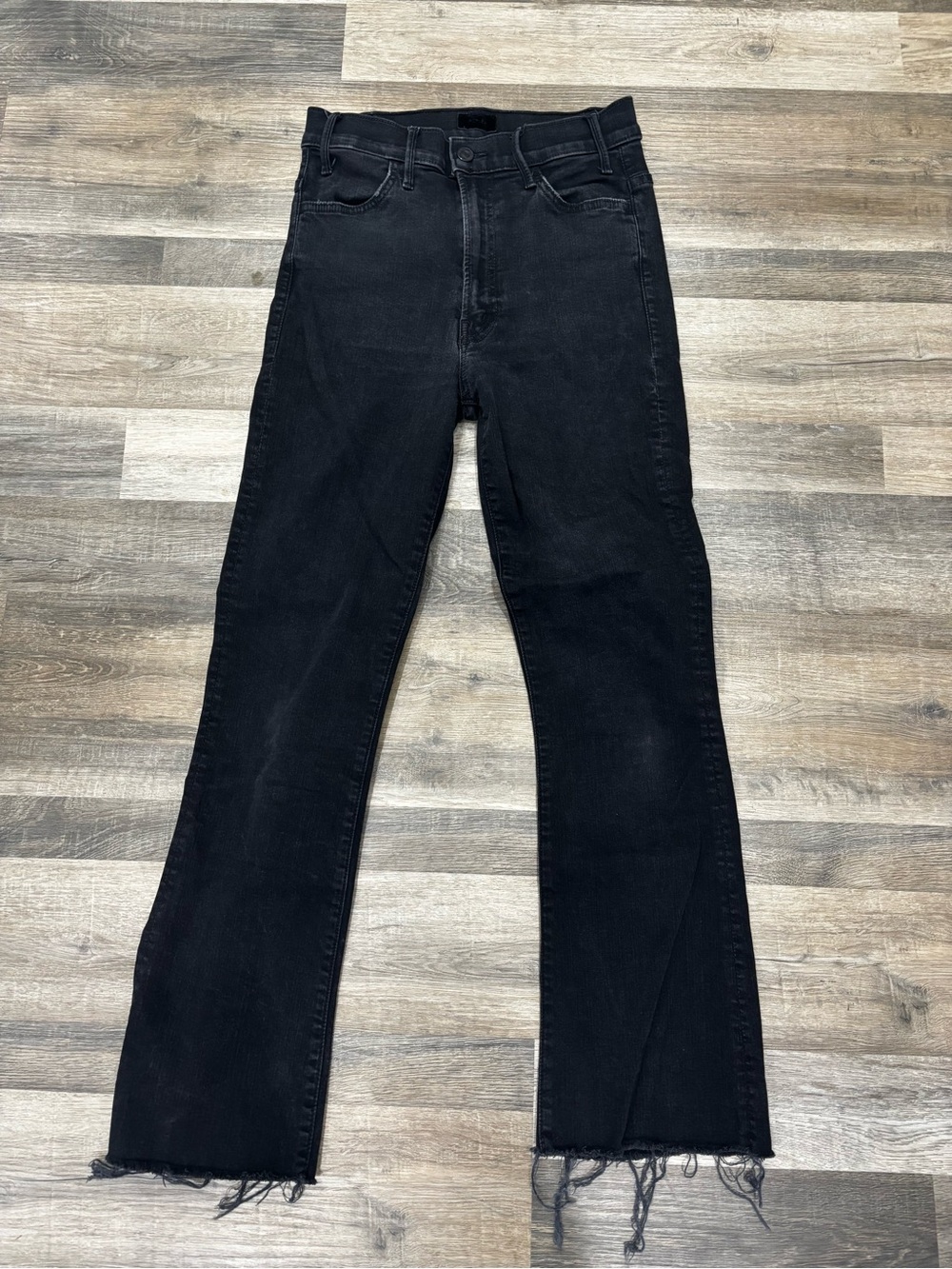 MOTHER Black High-Rise Flare Jeans The Hustler Ankle Fray